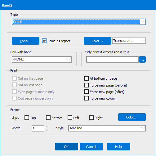 This image shows the dialog box that is displayed when adding a band.  In this image, the Detail Band Type was entered.  This dialog contains numerous options for configuring the band.